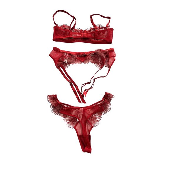 Fleur du Mal Violet Balconette Bra + Garter + Thong in Rouge - Picture 3 of 4
